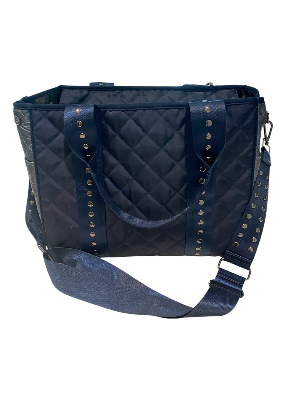 HAUTE SHORE Navy Quilted Tote with Studded Trim and Wide Strap